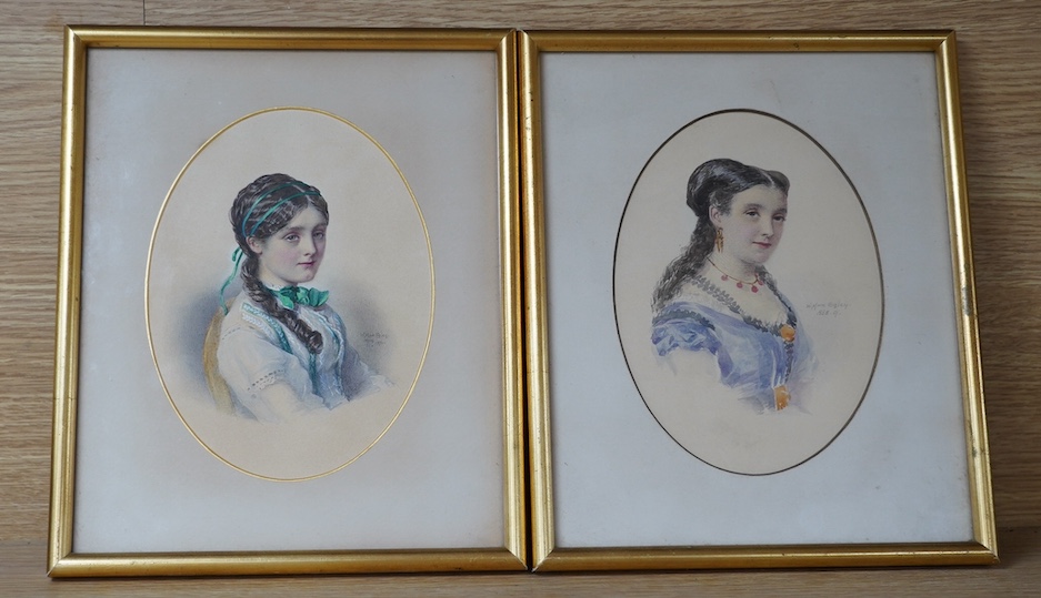 William Egley (1798-1870), oval watercolour, Portrait of a lady, signed and dated 1870, together with another work in the manner of Egley, bears signature and date 1868, 20 x 14cm. Condition - fair